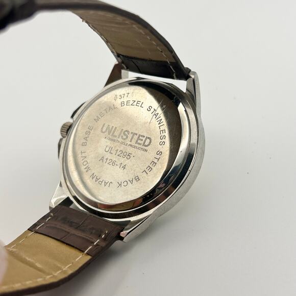 UNLISTED UL1295 Silver Tone Brown Leather 42mm Men’s Watch Working - Picture 5 of 8